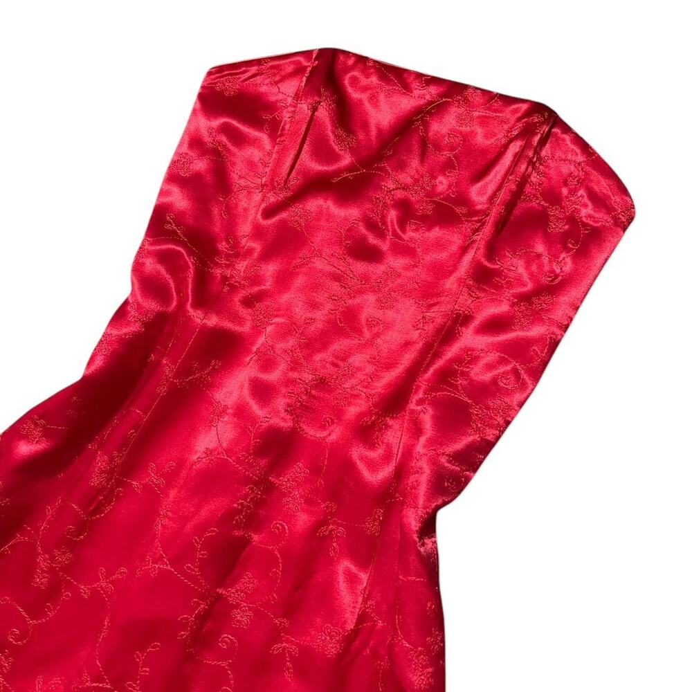 VTG Y2K Jessica McClintock Shiny Satin Red Floral Embroidered Strapless Dress 6 - Picture 6 of 8